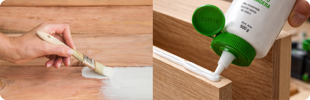 Pegamento para madera Gluteka aplicado con brocha sobre superficie de madera